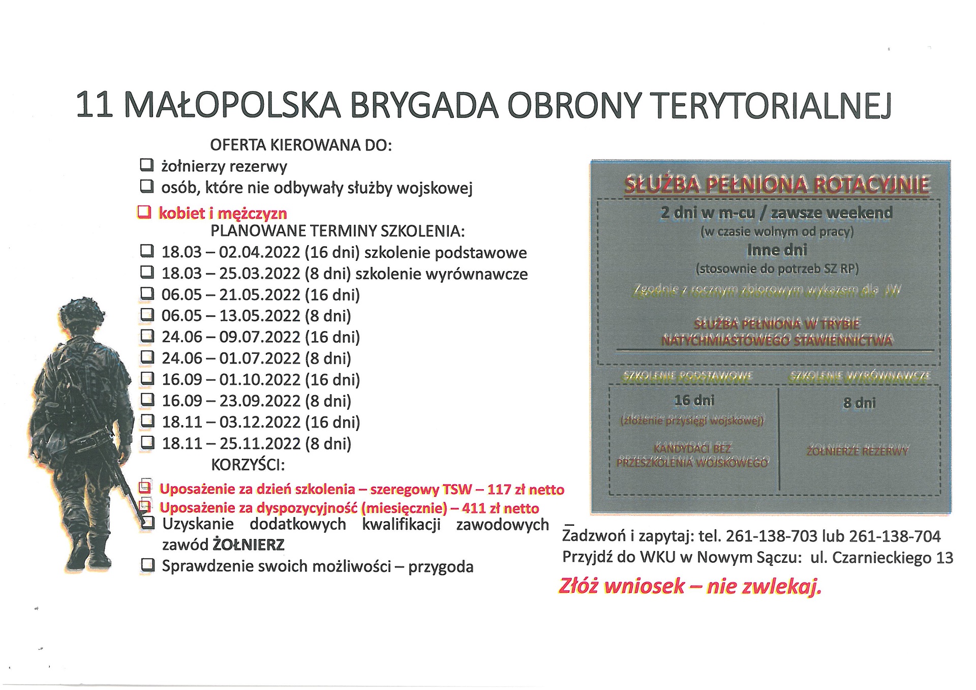 Plakat MBOT opisujący ofertę oraz terminy szkoleń dla przyszłych żołnierzy Małopolskiej Brygady Obrony Terytorialnej