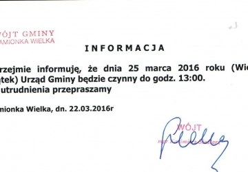 Informacja dotycząca godzin pracy urzędu w dniu 25.03.2016r.